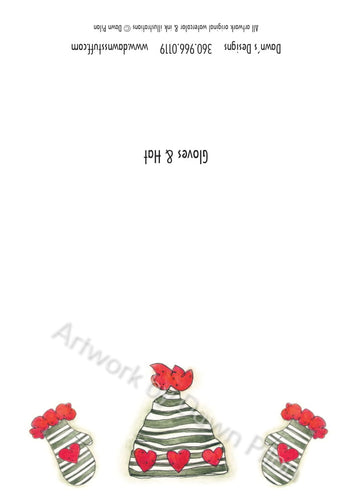 Gloves & Hat Gift Tag artwork watercolor and ink illustration by Dawn Pilon
