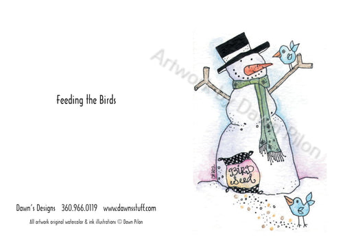 Feeding the Birds Gift Tag artwork watercolor and ink illustration by Dawn Pilon