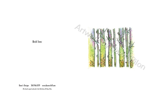 Front and back view of of Birch Trees Greeting Card.