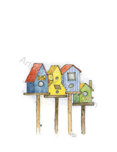 Bird House illustration in ink and watercolor by Dawn Pilon