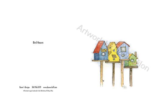 Front and back view of Bird house greeting card.