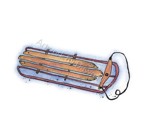 Sled illustration in ink and watercolor by Dawn Pilon.