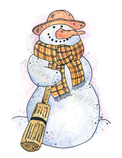 Fall Snowman illustration in ink and watercolor by Dawn Pilon.