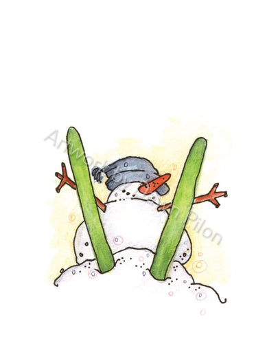 Snowman Gone Skiing illustration in ink and watercolor by Dawn Pilon.