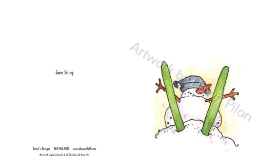 Front and Back of Gone Skiing Greeting Card.