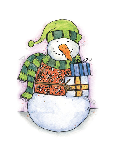 Snowman Bearing gifts illustration in ink and watercolor by Dawn Pilon.