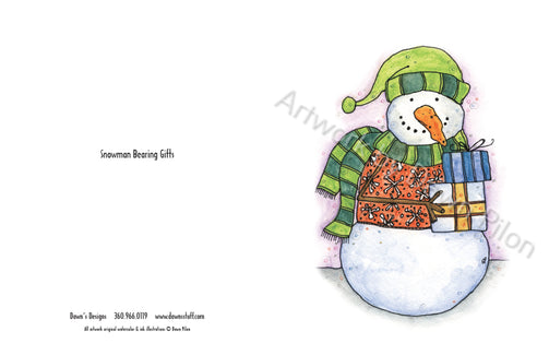 Front and back of Snowman Bearing Gifts Greeting card.