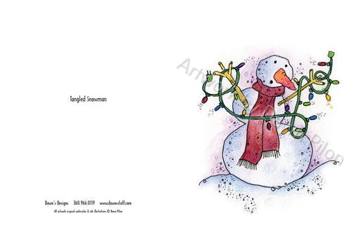 Back and front of Tangled Snowman Greeting card.