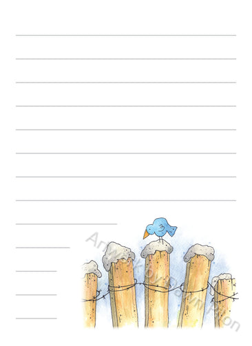Blue bird fence illustration in ink and watercolor by Dawn Pilon on notepad