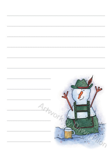 Snowman - Bavarian illustration in ink and watercolor by Dawn Pilon on notepad