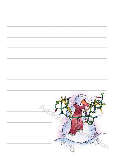 Snowman Christmas Lights illustration in ink and watercolor by Dawn Pilon on notepad