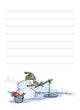 Snowman Ice Fishing illustration in ink and watercolor by Dawn Pilon on notepad