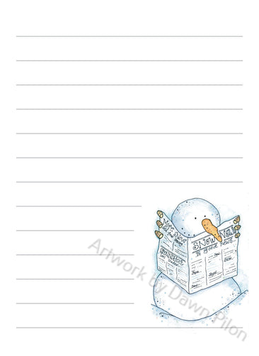 Snowman Newspaper illustration in ink and watercolor by Dawn Pilon on notepad