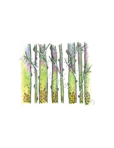 Birch Tree Illustration in Ink and Watercolor by Dawn Pilon.