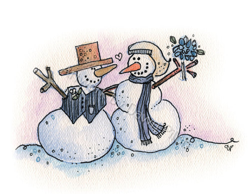 Happily Ever After Snowman illustration in ink and watercolor by Dawn Pilon.