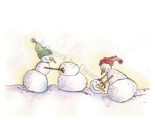 Snowman Make New Friends illustration in ink and watercolor by Dawn Pilon.