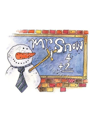Mr. Snow illustration in ink and watercolor by Dawn Pilon.