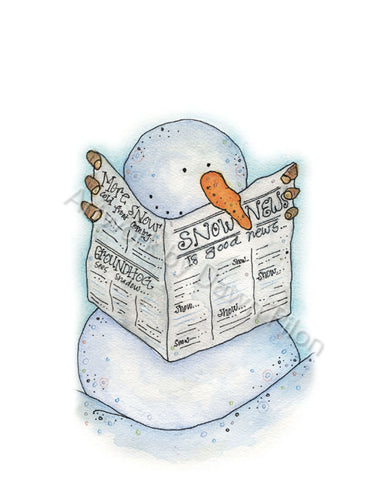 Snowman Newsman illustration in ink and watercolor by Dawn Pilon.