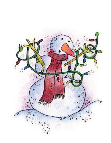 Tangled Snowman illustration in ink and watercolor by Dawn Pilon.