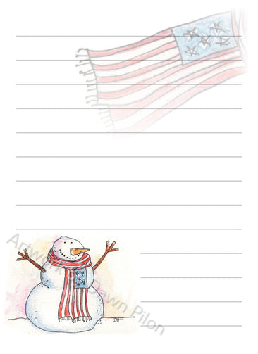 Snowman and american flag illustration in ink and watercolor by Dawn Pilon on notepad