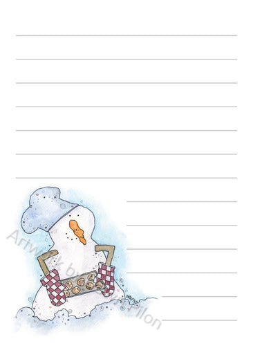 Snowman Baking Cookies illustration in ink and watercolor by Dawn Pilon on notepad