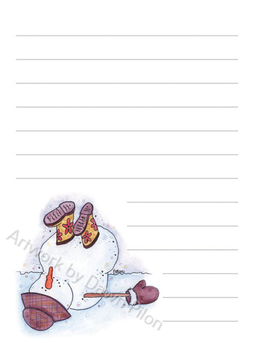 Snowman Boots in the Air illustration in ink and watercolor by Dawn Pilon on notepad