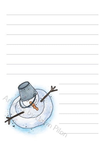 Snowman Bucket on Head illustration in ink and watercolor by Dawn Pilon on notepad