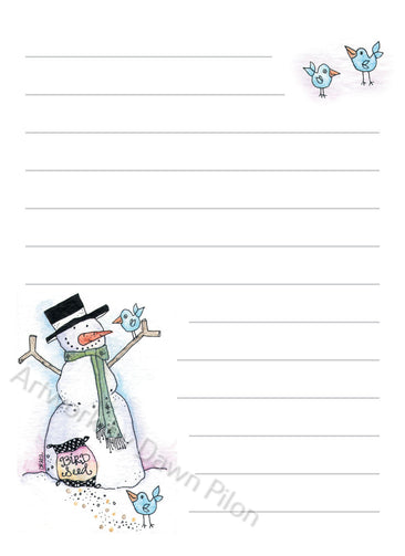 Snowman Feed The Birds illustration in ink and watercolor by Dawn Pilon on notepad