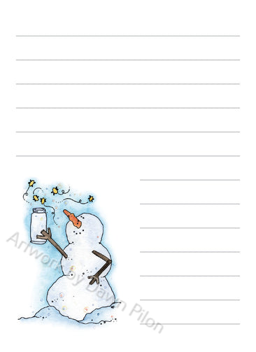 Snowman Fireflies in Jar illustration in ink and watercolor by Dawn Pilon on notepad