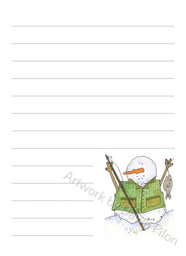 Snowman Fishing illustration in ink and watercolor by Dawn Pilon on notepad