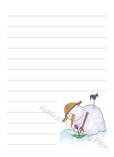 Snowman Gardening illustration in ink and watercolor by Dawn Pilon on notepad