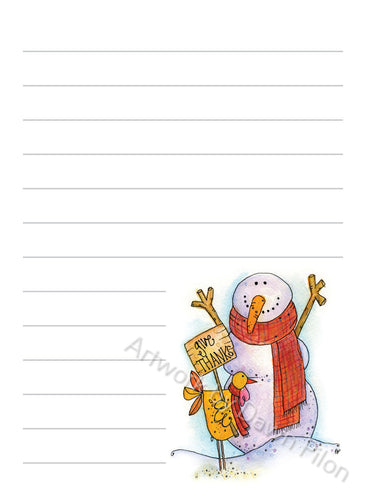 Snowman Give Thanks illustration in ink and watercolor by Dawn Pilon on notepad