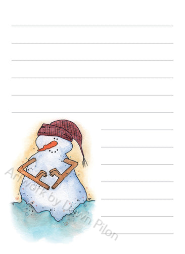 Snowman Heart Hands illustration in ink and watercolor by Dawn Pilon on notepad