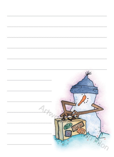 Snowman Luggage illustration in ink and watercolor by Dawn Pilon on notepad