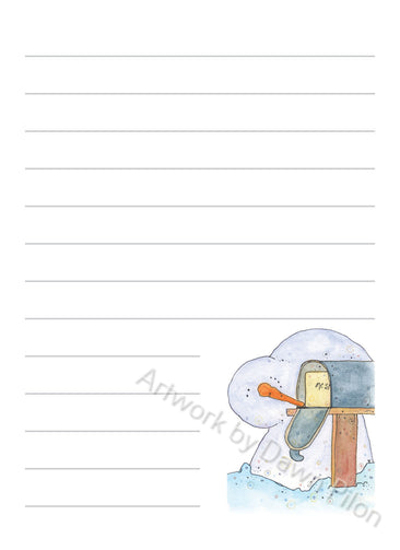 Snowman Mailbox illustration in ink and watercolor by Dawn Pilon on notepad