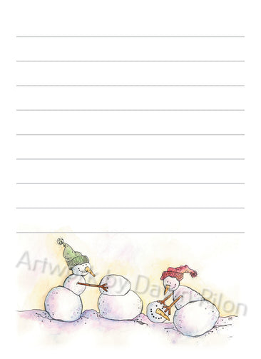 Snowman Make New Friends illustration in ink and watercolor by Dawn Pilon on notepad