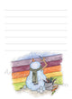 Snowman Rainbow illustration in ink and watercolor by Dawn Pilon on notepad