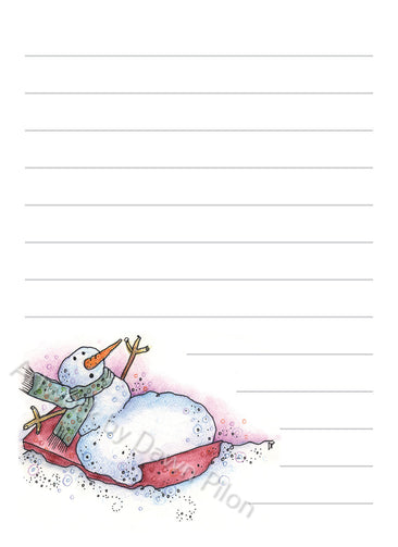 Snowman Red Sled illustration in ink and watercolor by Dawn Pilon on notepad