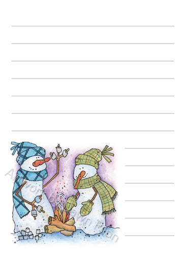 Snowman Roasting Marshmallows illustration in ink and watercolor by Dawn Pilon on notepad
