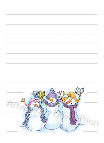 Snowman Singing Ladies illustration in ink and watercolor by Dawn Pilon on notepad