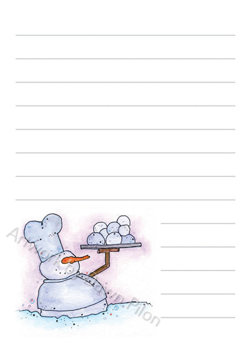 Snowman Snowball Chef illustration in ink and watercolor by Dawn Pilon on notepad