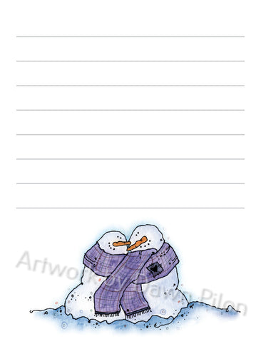 Snowman Snuggling in Scarf illustration in ink and watercolor by Dawn Pilon on notepad